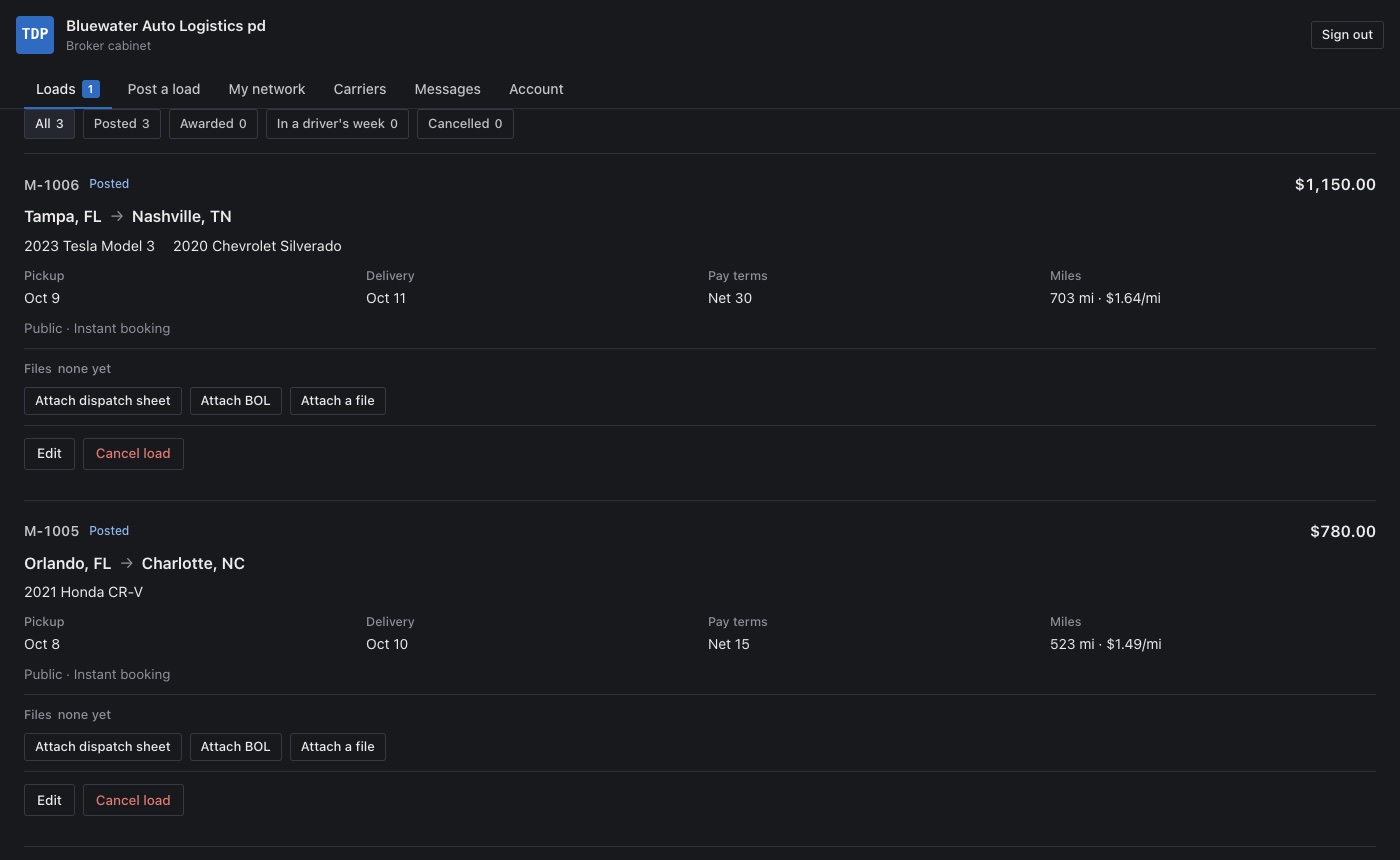 Broker cabinet: two posted loads, a bid from a carrier with Accept and Decline, Edit and Cancel load