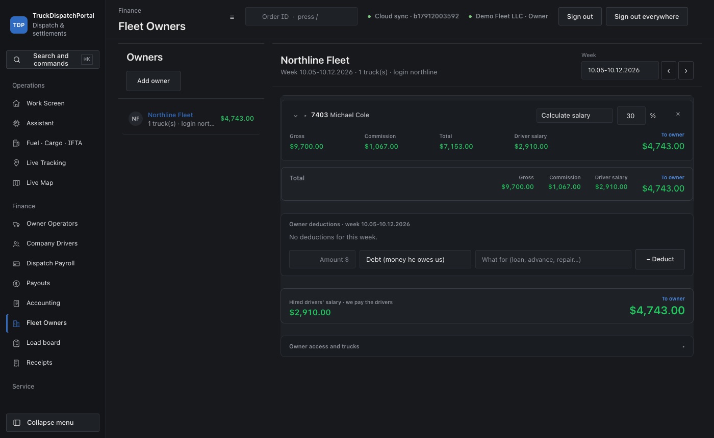 Fleet Owners screen: Northline Fleet, one truck, gross, commission, driver salary 30% and the amount to the owner for the week